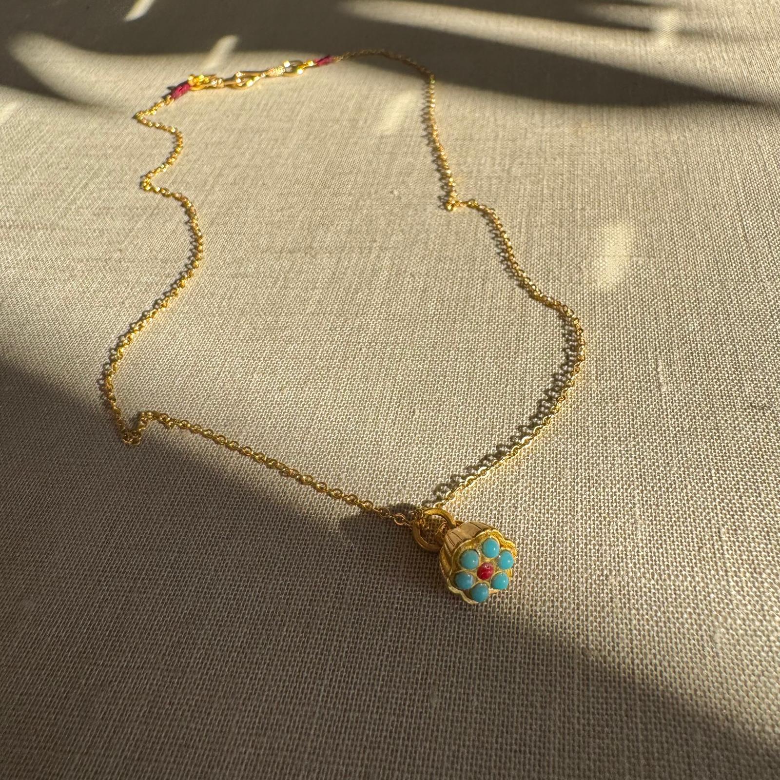 Collier - Petite fleur Turquoise & corail