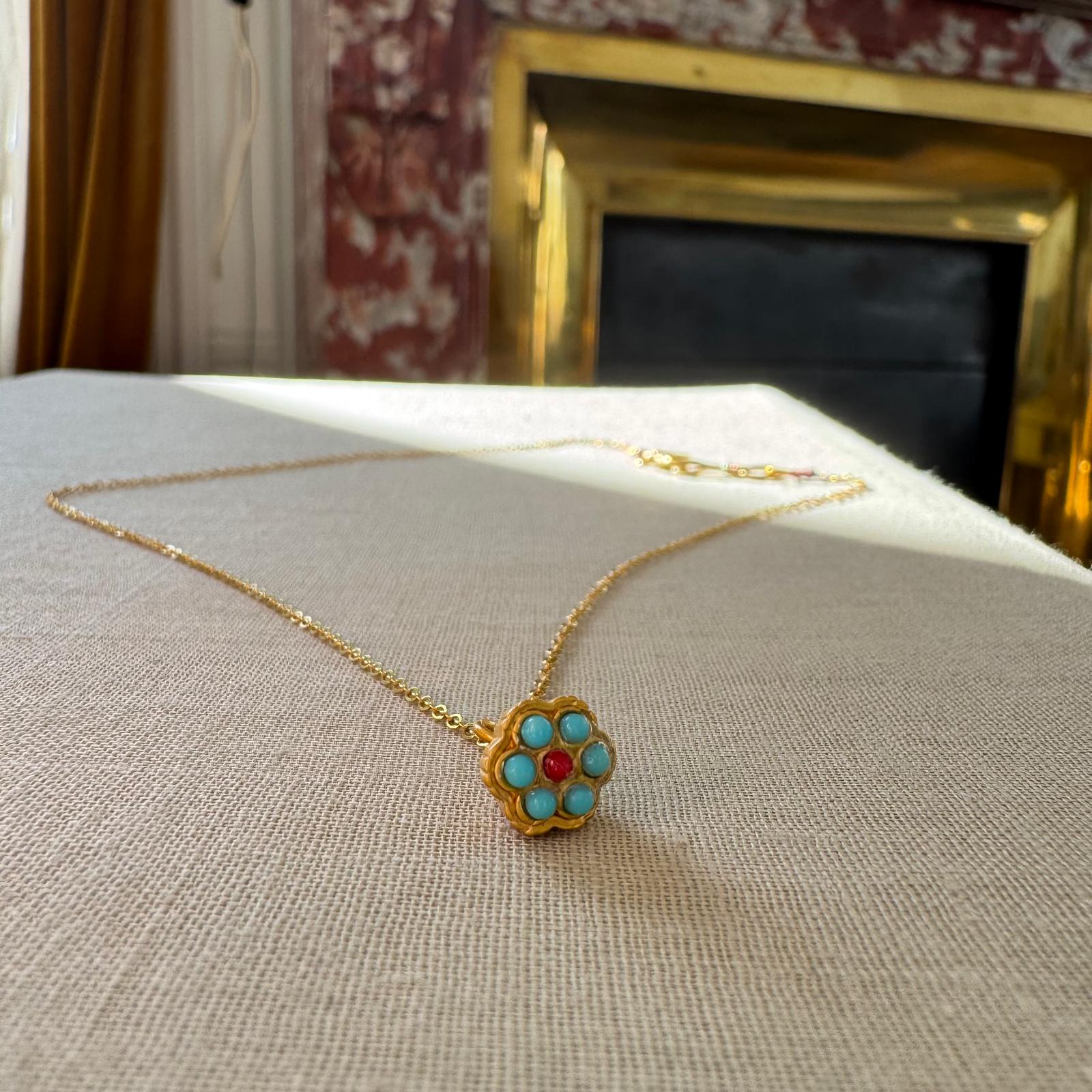 Collier - Petite fleur Turquoise & corail