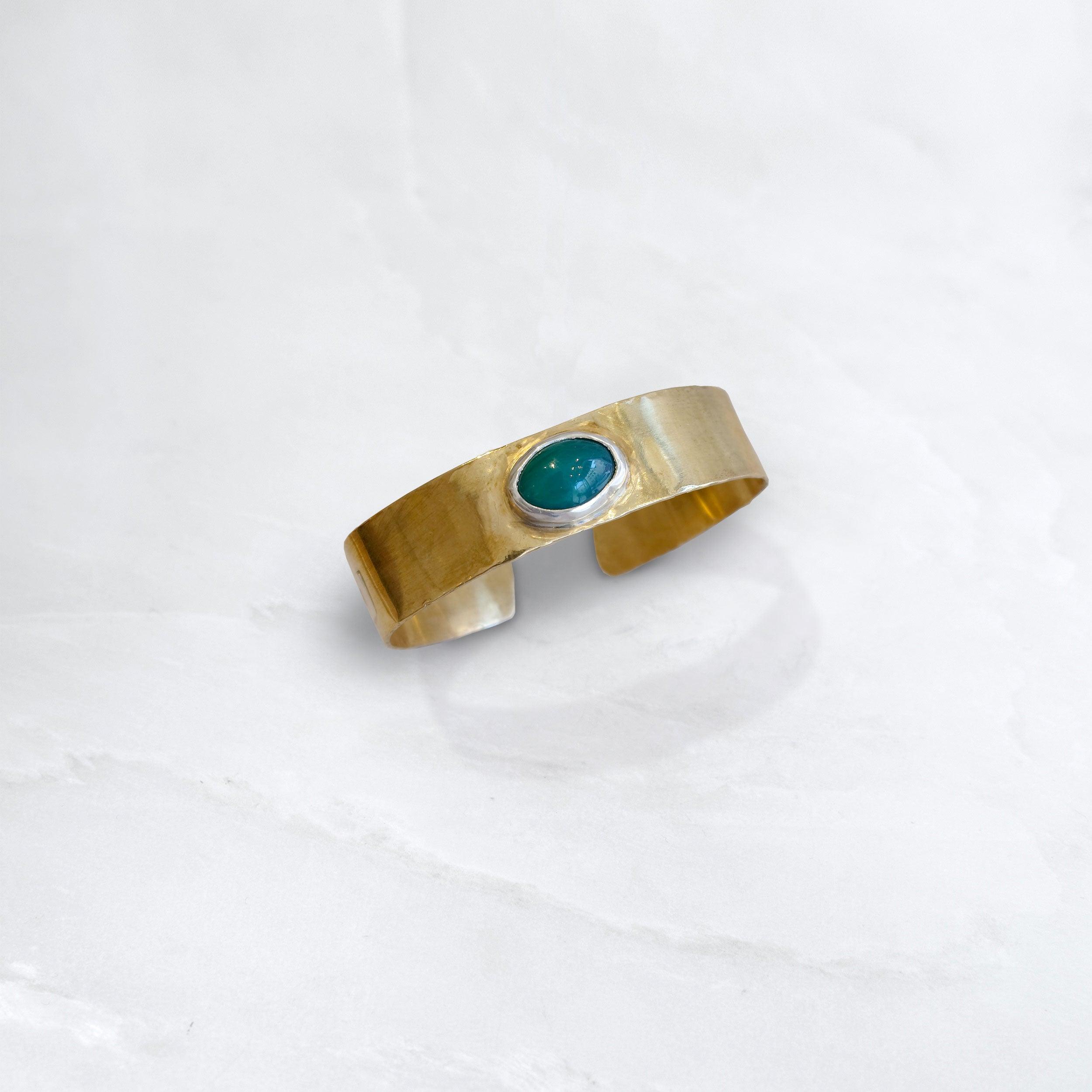Bracelet JONC - LAITON & ARGENT, sertie agate verte - Roseparo Bijoux